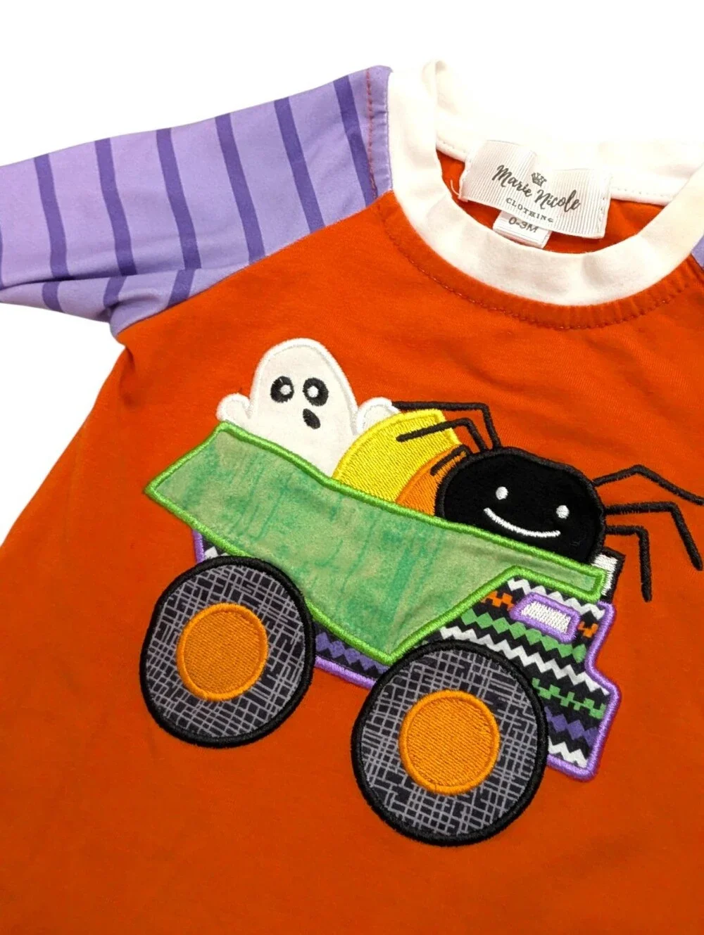 Baby Halloween Romper Ghost Spider Monster Truck Applique Purple Striped 3M